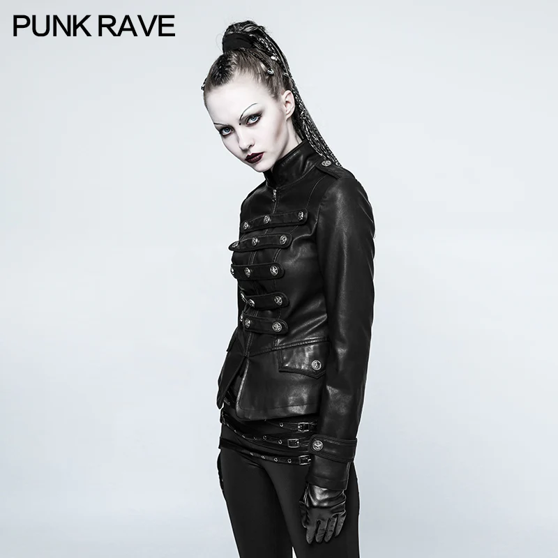 Women Short Leather Punk Coat Stand Collar Military Uniform - Image 2