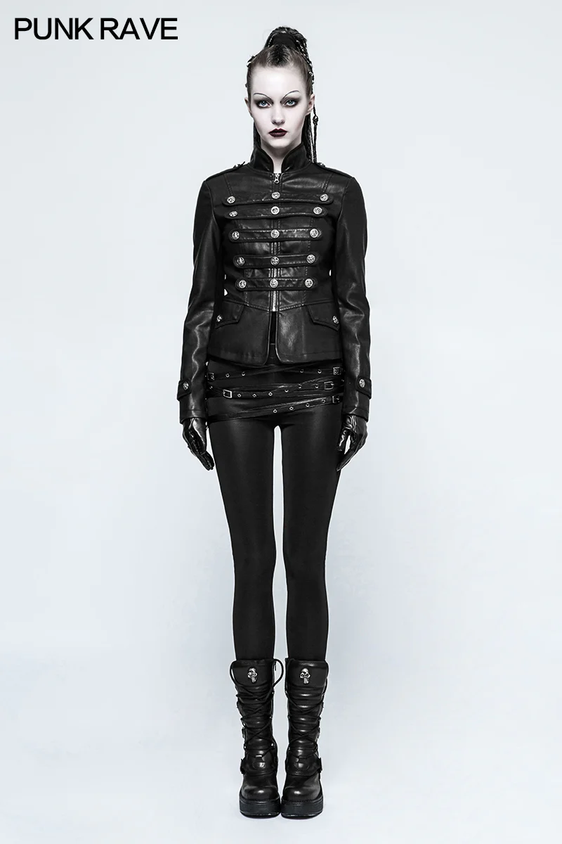 Women Short Leather Punk Coat Stand Collar Military Uniform - Image 6
