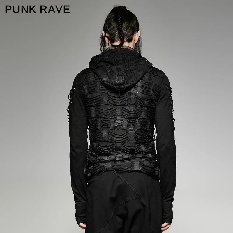 Womens & mens Double Layers Irregular Dark Gothic Shirt With Black Hole Hooded - Image 8