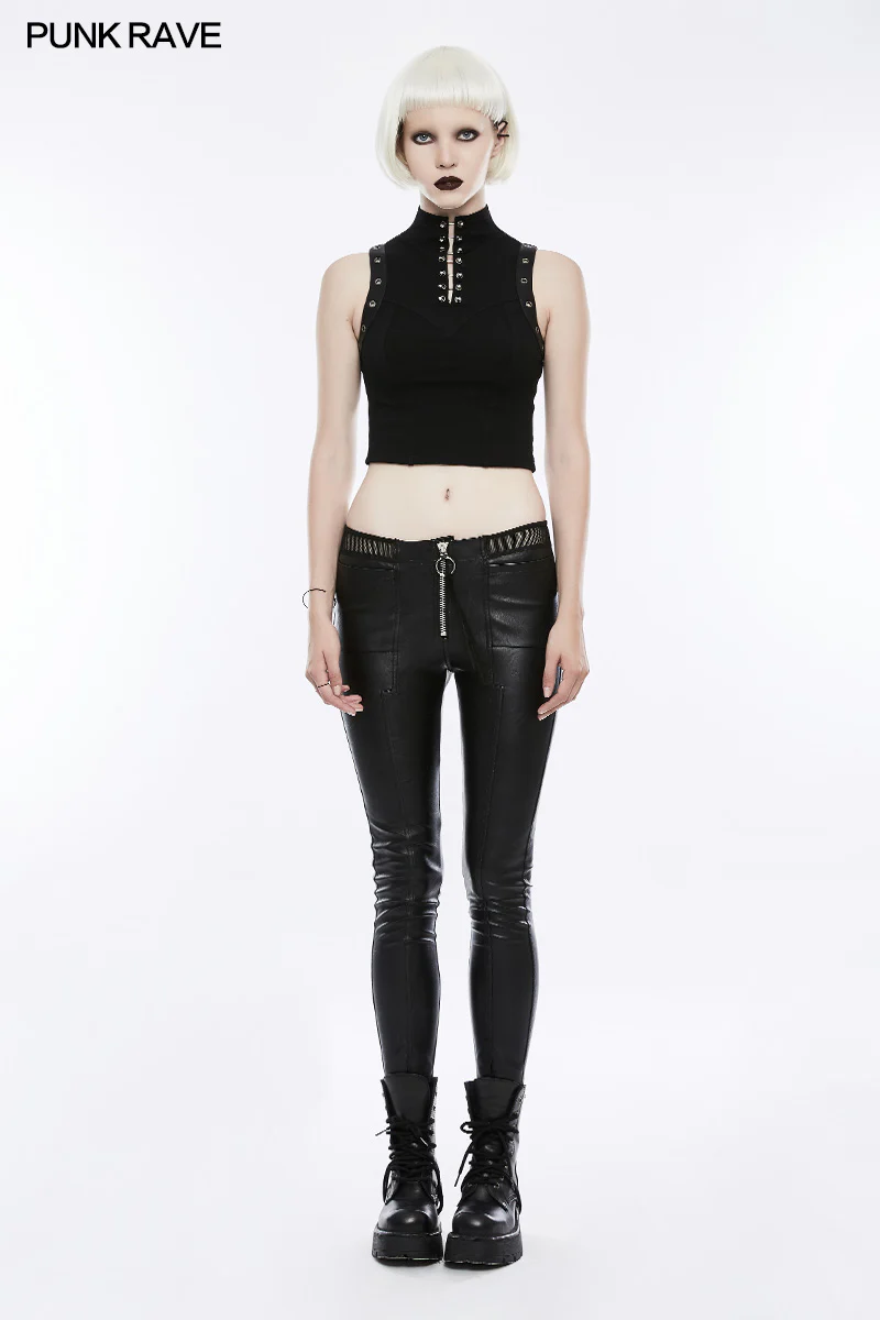Women's Black Elastic Leather Punk Trousers Personality Tights With Fishnet Lace On Waist - Image 2