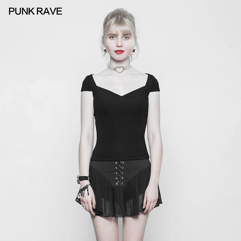 Women's Black Elastic Tight Knitting Punk T-shirt Slim-fitting Top