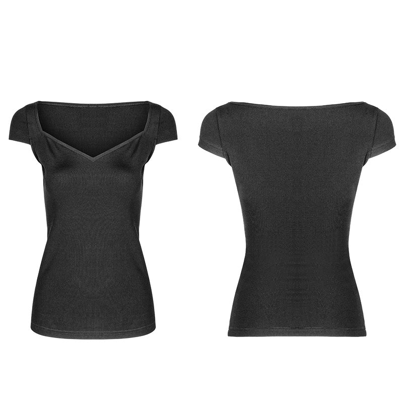 Women's Black Elastic Tight Knitting Punk T-shirt Slim-fitting Top - Image 3