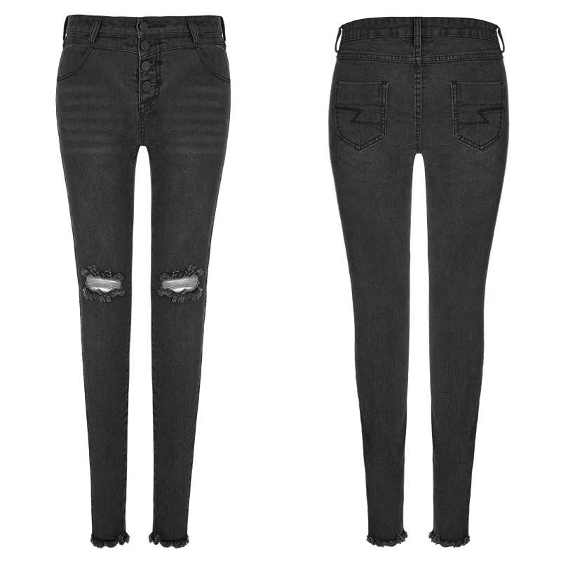 Women's Black Knees Broken Holes Punk Jeans Super Slim Elastic Denim Trousers - Image 2