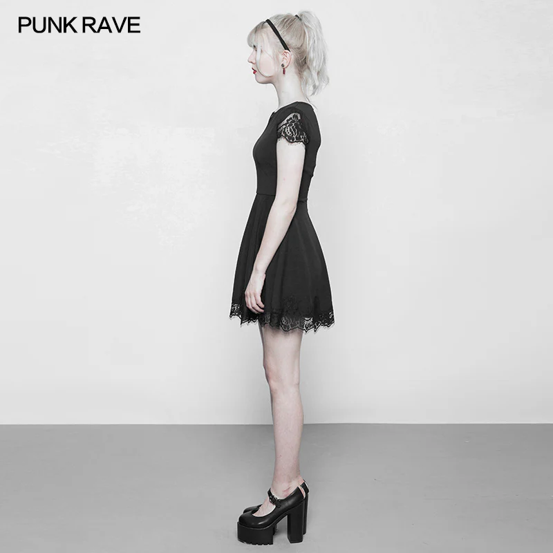 Women's Hollow Out Lace Stitching V-collar Gothic Dress - Image 2