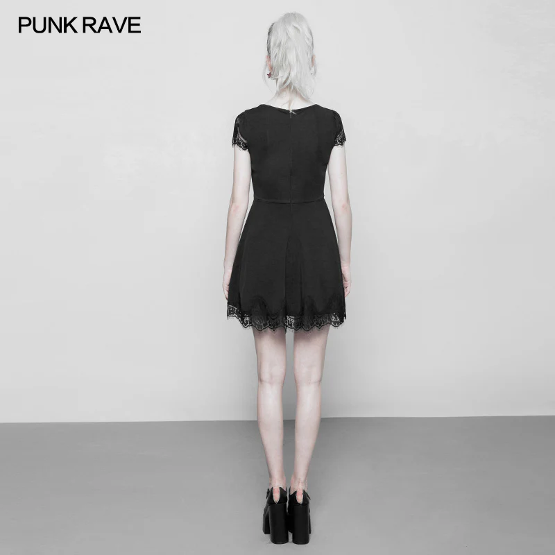 Women's Hollow Out Lace Stitching V-collar Gothic Dress - Image 3