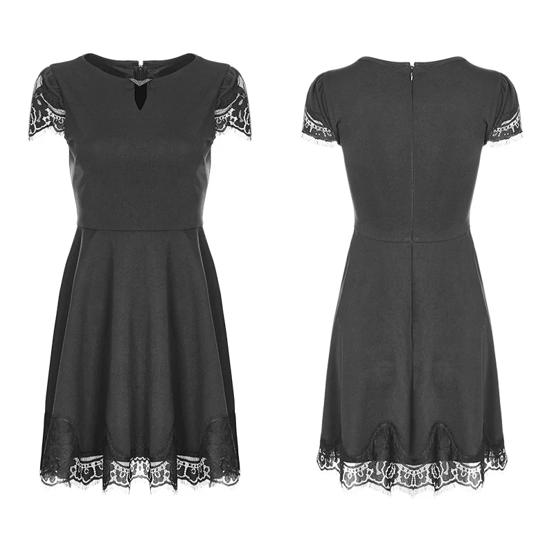 Women's Hollow Out Lace Stitching V-collar Gothic Dress - Image 4