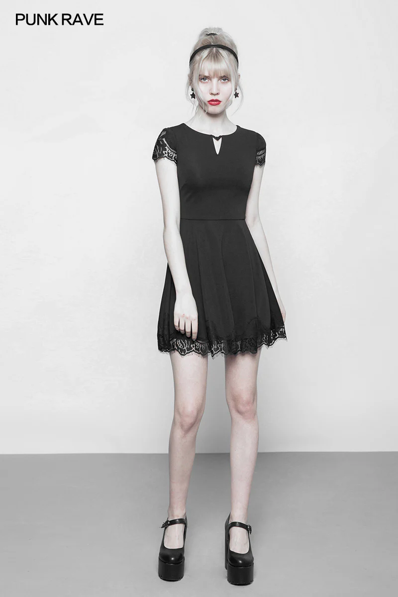 Women's Hollow Out Lace Stitching V-collar Gothic Dress - Image 6