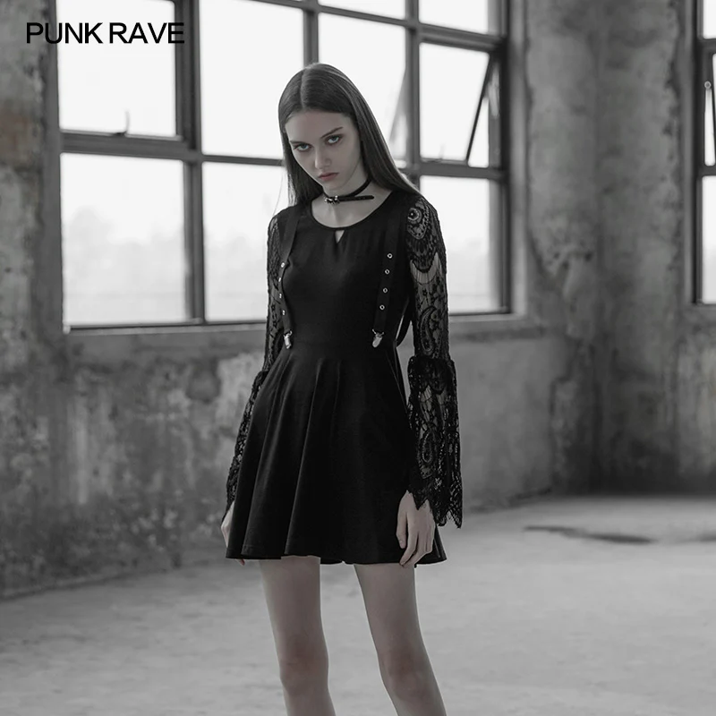Women's Lace Sleeves Punk Dress With Straps Design