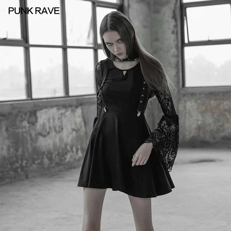 Women's Lace Sleeves Punk Dress With Straps Design - Image 2