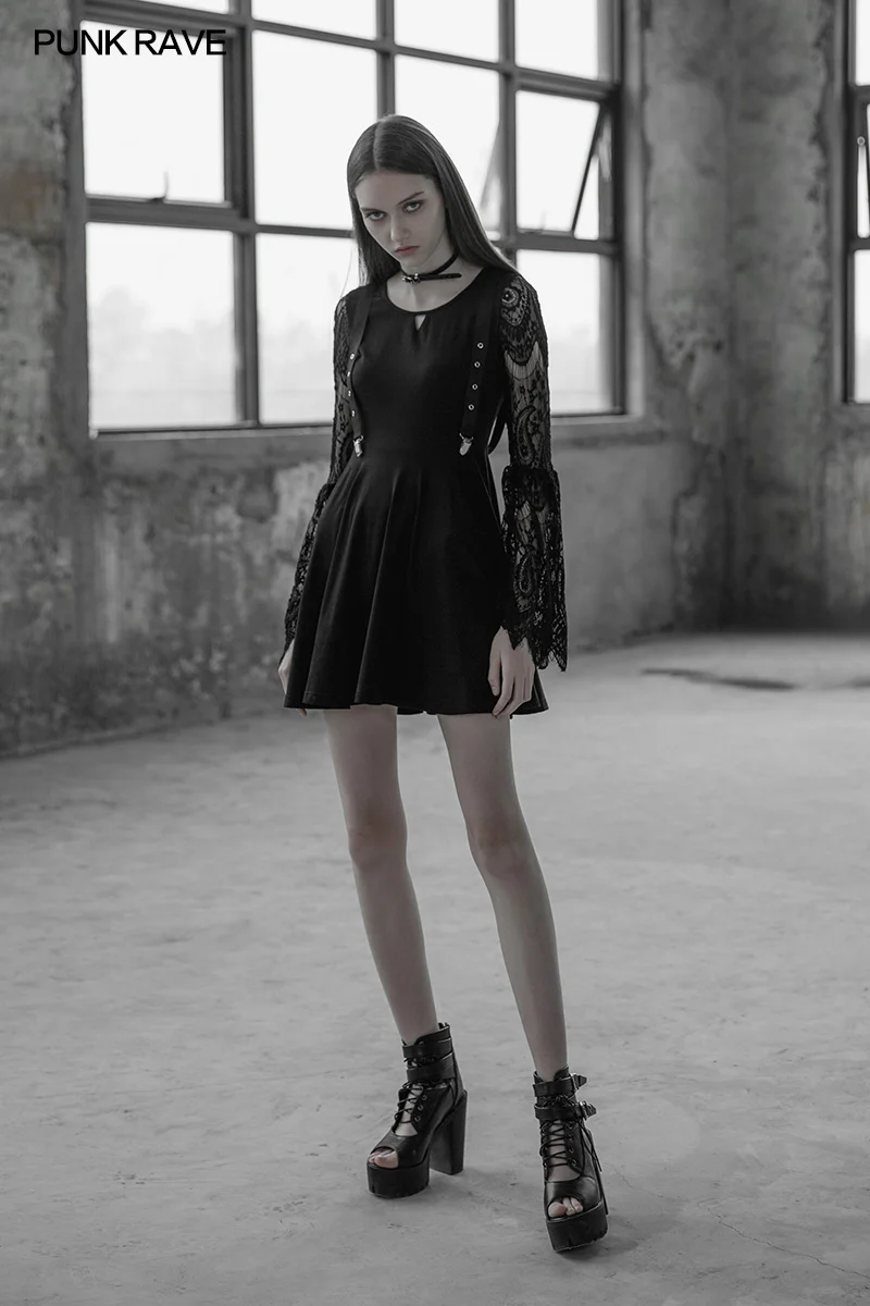 Women's Lace Sleeves Punk Dress With Straps Design - Image 6