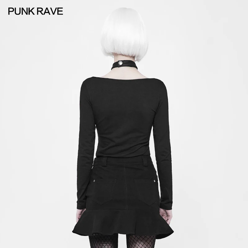 Women's Punk Knitted Long Sleeve T-shirt With Choker Design