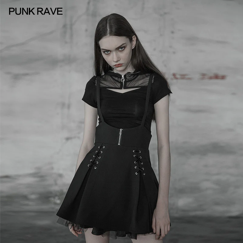 Women's Sexy Short Punk Knitted Mesh Stitching Tight T-shirt With Zipper Wizard Hat